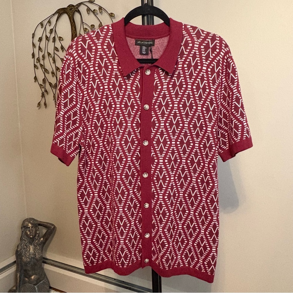 Art of Rhetoric Men's Red Geometric Patterned Short Sleeve Sweater Shirt